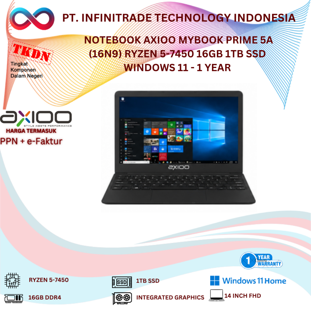 NOTEBOOK AXIOO MYBOOK PRIME 5A (16N9) RYZEN 5-7450 16GB 1TB SSD WINDOWS 11 - 1 YEAR