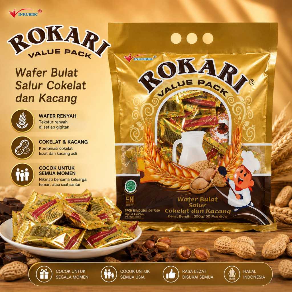 Rokari Wafer Bulat 350gr Isi 50pcs Salur Cokelat Kacang Lapis Coklat Choco Value Pack Renyah Snack H