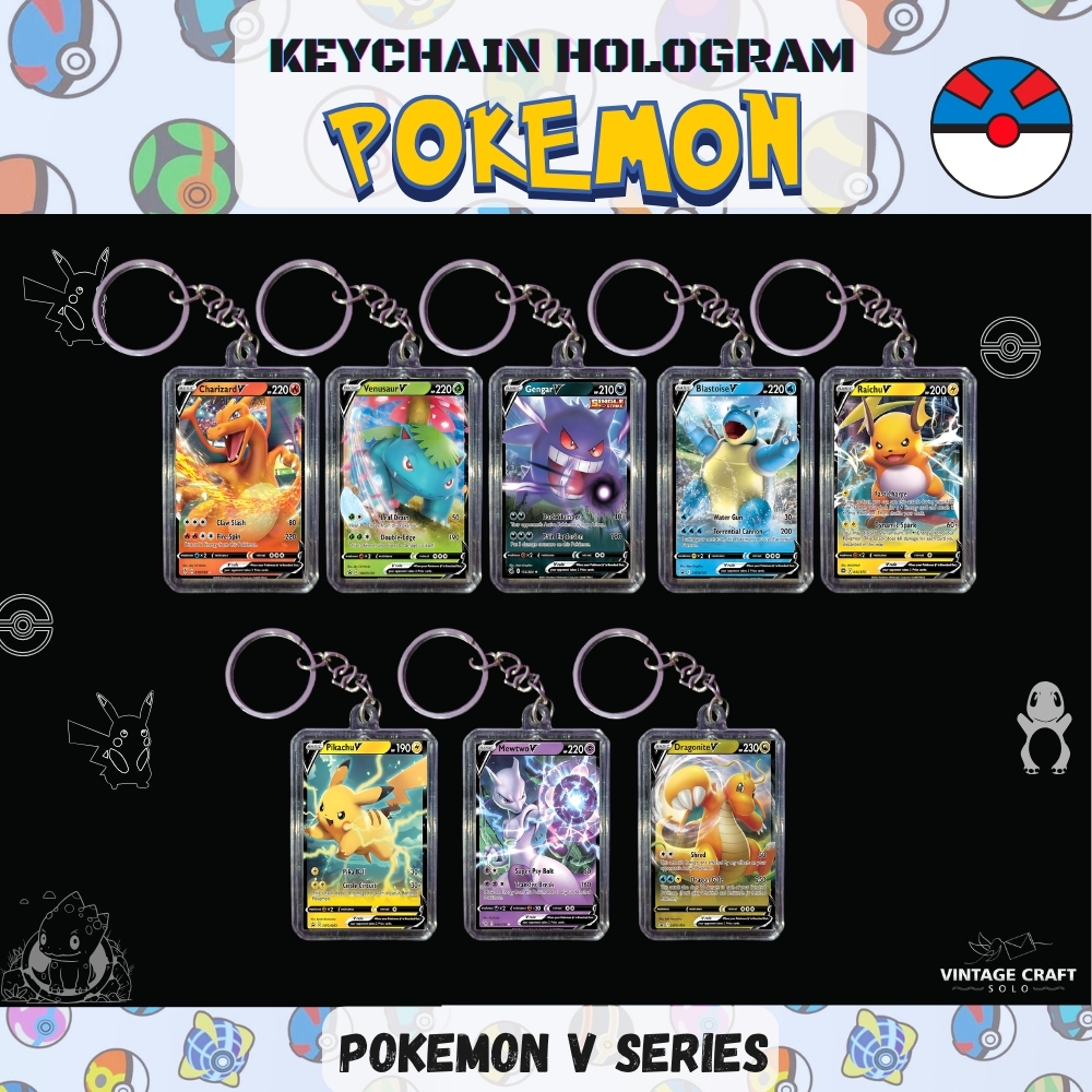 Gantungan kunci Keychain Card Pokemon V Series Hologram 2 Sisi - Mew, Charizard, Dragonite, Umbreon,