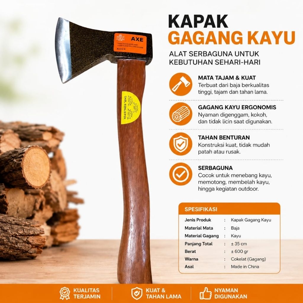 kapak gagang kayu kuat serbaguna Membelah kayu, tebang pohon kecil, berkemah, dan alat pertukangan.
