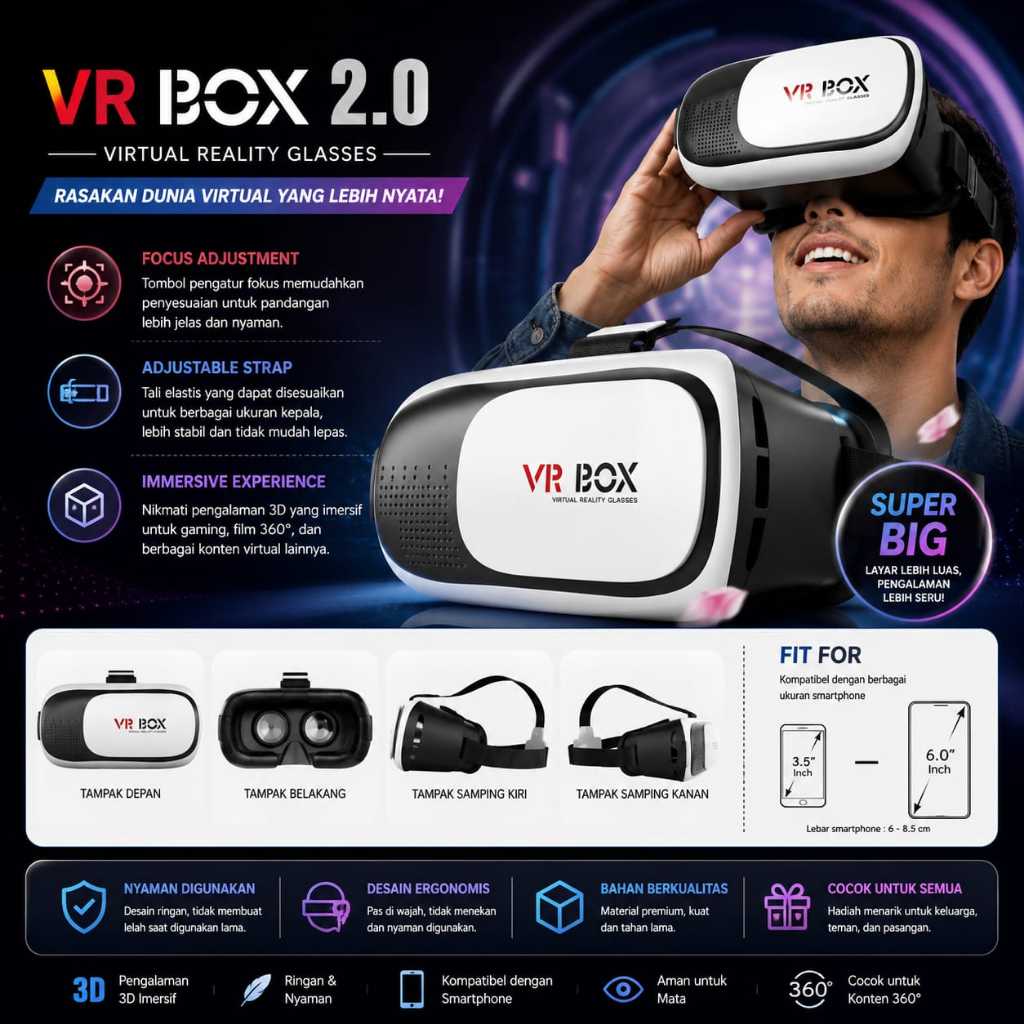 VR BOX 2.0 Virtual Reality Glasses 3D VR Headset Kacamata VR Smartphone 3.5-6 Inch Gaming Film 360°