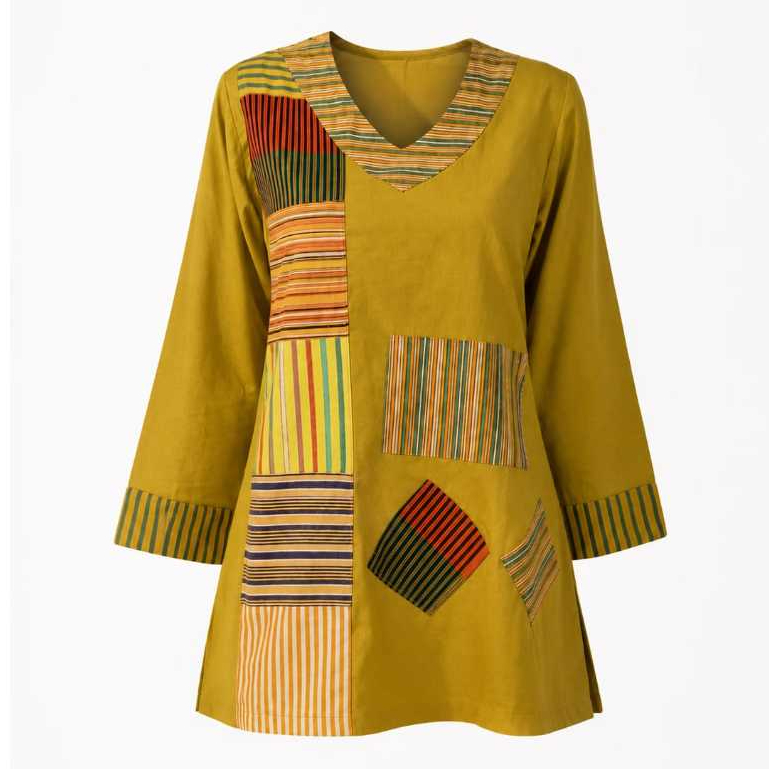 Ethnic Chic Gallery Arunika Patch Blouse Tenun Lurik / Atasan Wanita Katun Linen Rami Premium