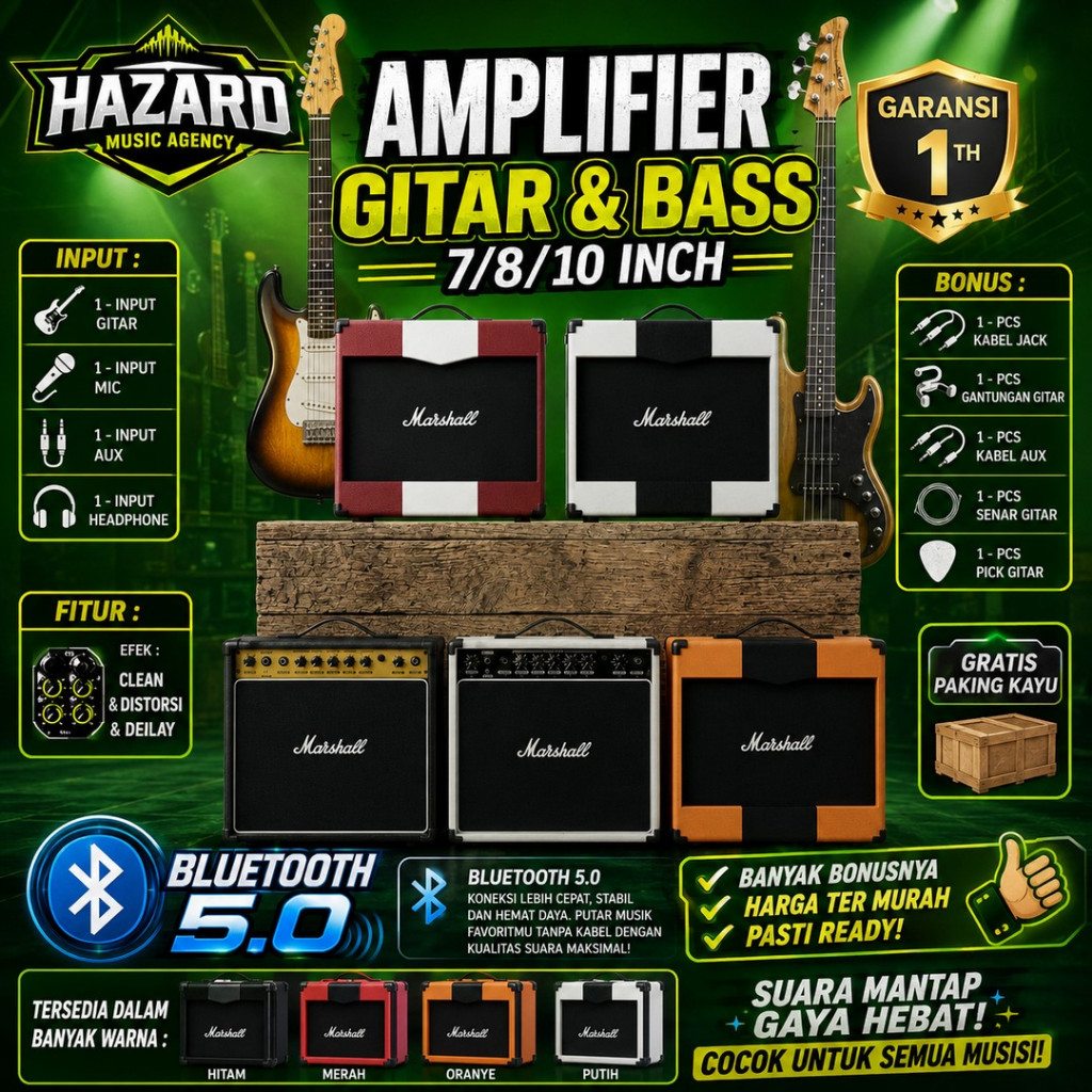 Ampli gitar & bass 10 Inch 3 input bluetooth bisa untuk karaoke efek distorsi delay termurah