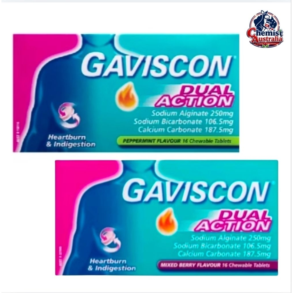 Obat Maag dan Gerd lambung Gaviscon Dual Action 16/32 Chewable Tablet Kunyah ORIGINAL Australia