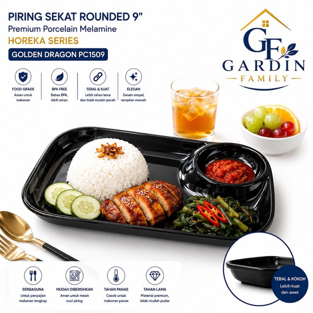Piring Sekat Rounded 9" Hitam Premium Porcelain Melamine Horeka Series Golden Dragon PC1509 | Tebal,
