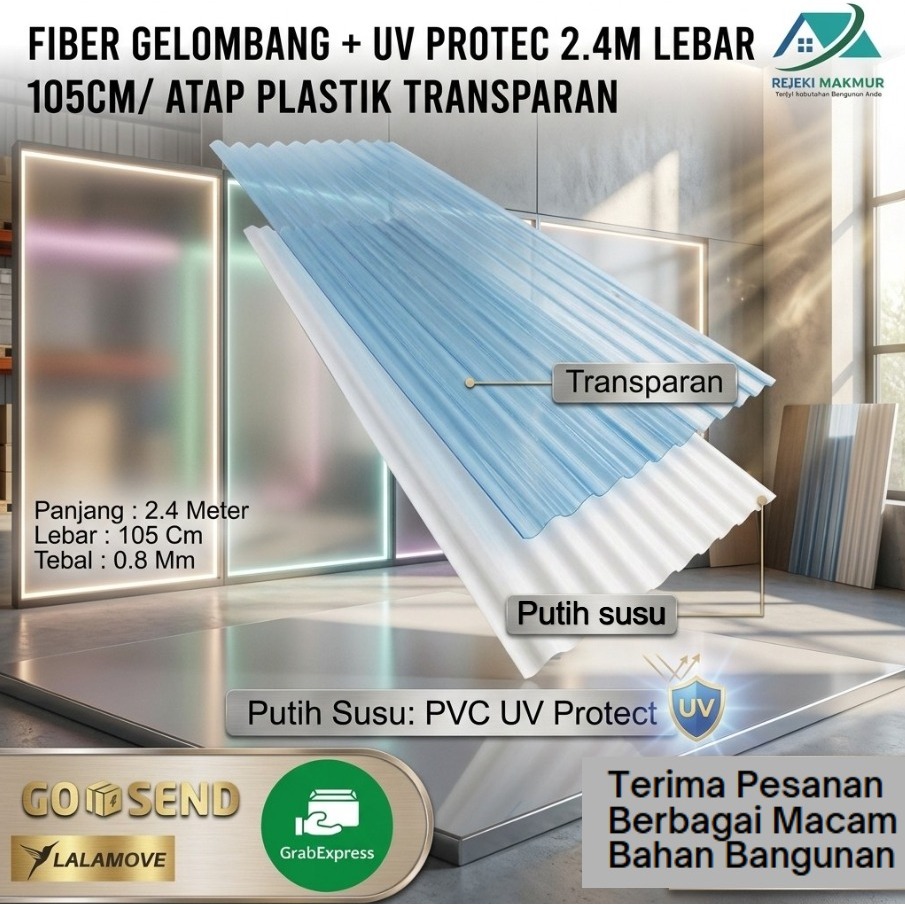 Fiber gelombang + UV protec 2.4mx105cmx0.8mm putih susu/ Atap plastik bening transparan pvc