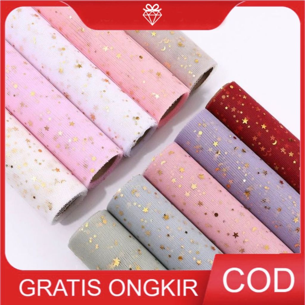 1METER Kain Tile Jaring Star Motif Bintang Bulan Bahan Bungkus Buket Bunga Wrapping Paper - TILE010