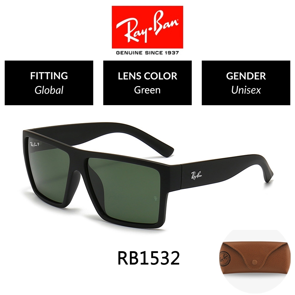 kacamata hitam Ray-Ban square RB1532 lensa kaca pria dan wanita Original Black Green sunglasses