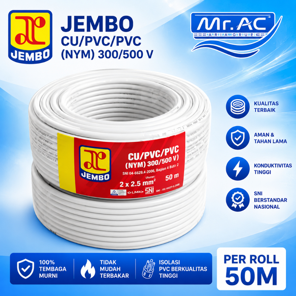 KABEL JEMBO NYM 2x1.5 | 2x2.5 | 3x1.5 | 3x2.5 | Full Tembaga SNI | 300/500V | TEBAL ROLL 50M - KABEL