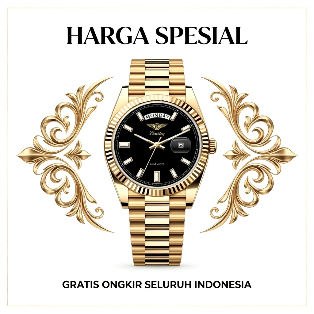 Jam Pria Bentley Mekanis Emas Hitam Fosfor