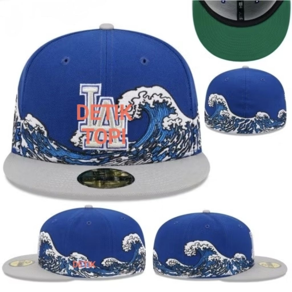 Topi Snapback Fitted LA Los Angeles Dodgers Blue Grey Kanagawa Ombak Bordir Build Up Caps