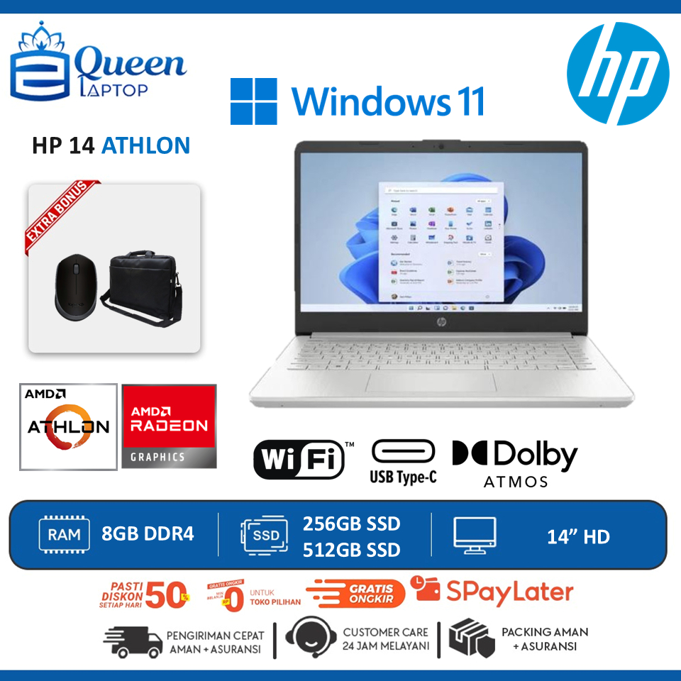 Laptop Pelajar HP 14 AMD 3020E 8GB 256GB 14.0 Windows 11 Home Silver Second