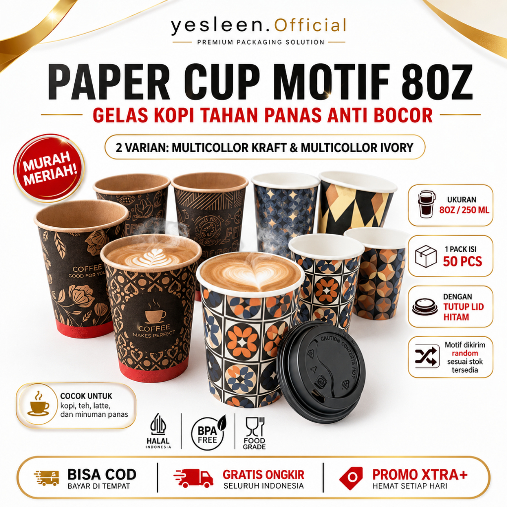 Paper Cup Tebal 8oz MultiCollor Tahan Panas + Tutup Gelas Lid Paper Cup  | Gelas Ramah Lingkungan | 
