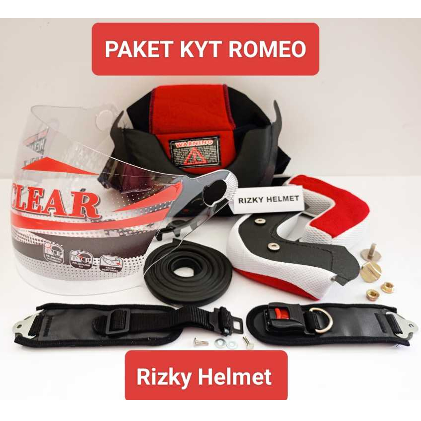 PAKET SPAREPART HELM KYT ROMEO, Busa helm KYT ROMEO + kaca helm + Baut & Mur helm + Tali helm + Lis 