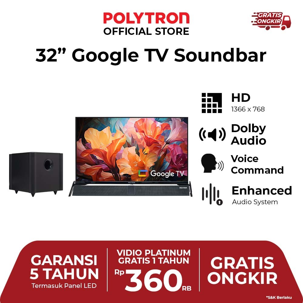 Polytron Google TV / Android Smart Cinemax PLD 32 BG 5058 + Sound Bar