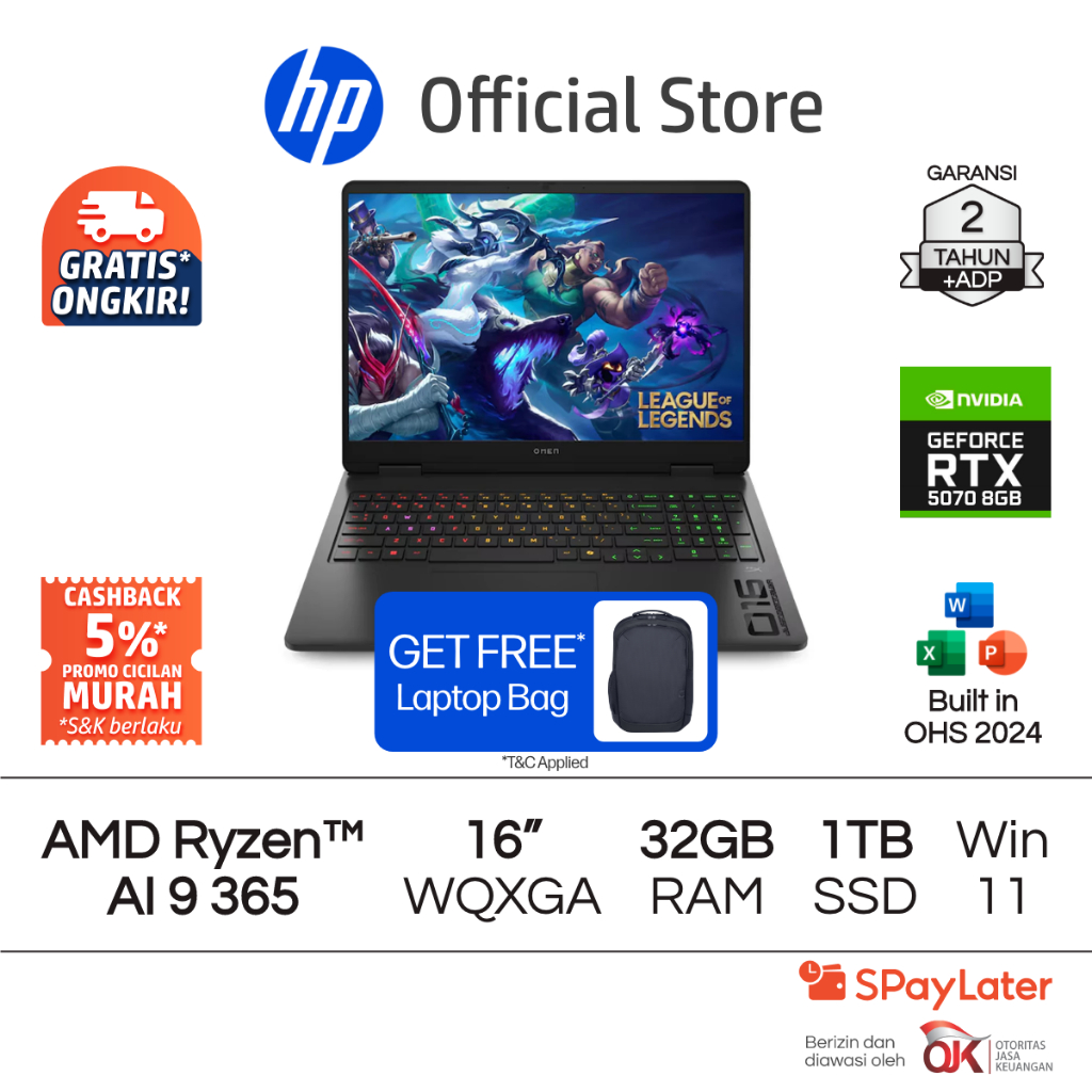 OMEN Laptop Gaming HP AMD Ryzen AI 9 NVIDIA GeForce RTX 5070 32GB RAM 1TB SSD Shadow Black Free Wind