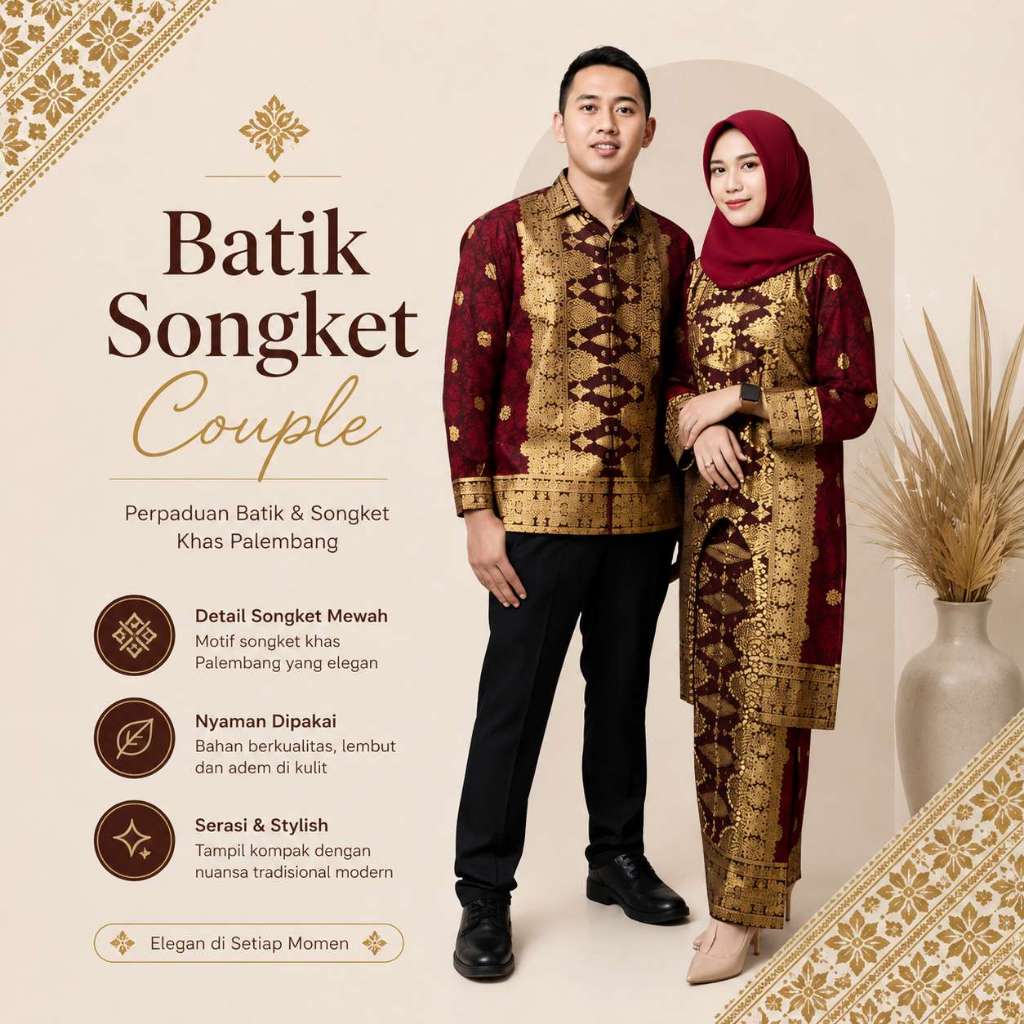Datia Songket - Couple Set Songket Palembang Maron | Setelan Batik Pesta Kondangan Pria & Wanita