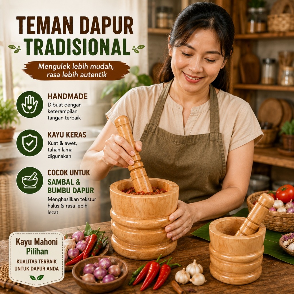 LUMPANG KAYU MAHONI 1 SET 3 UKURAN MODEL UKIR + ALU | ALAT GEPREK AYAM KREMES MURAH