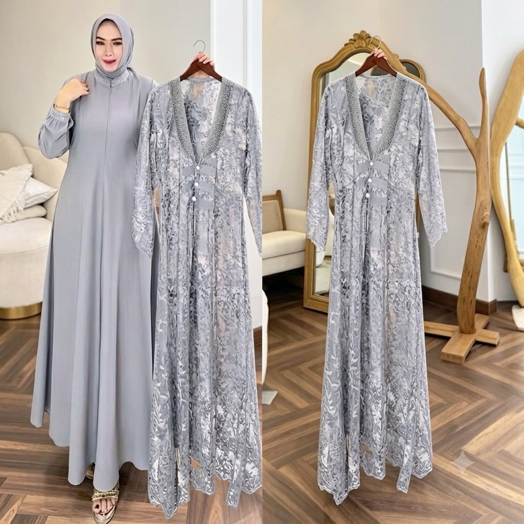 Zeya Gamis Syari Layer Kombinasi Outer Brokat Mewah Wanita Muslim Gamis Syari Premium 2in1 Inner Dre
