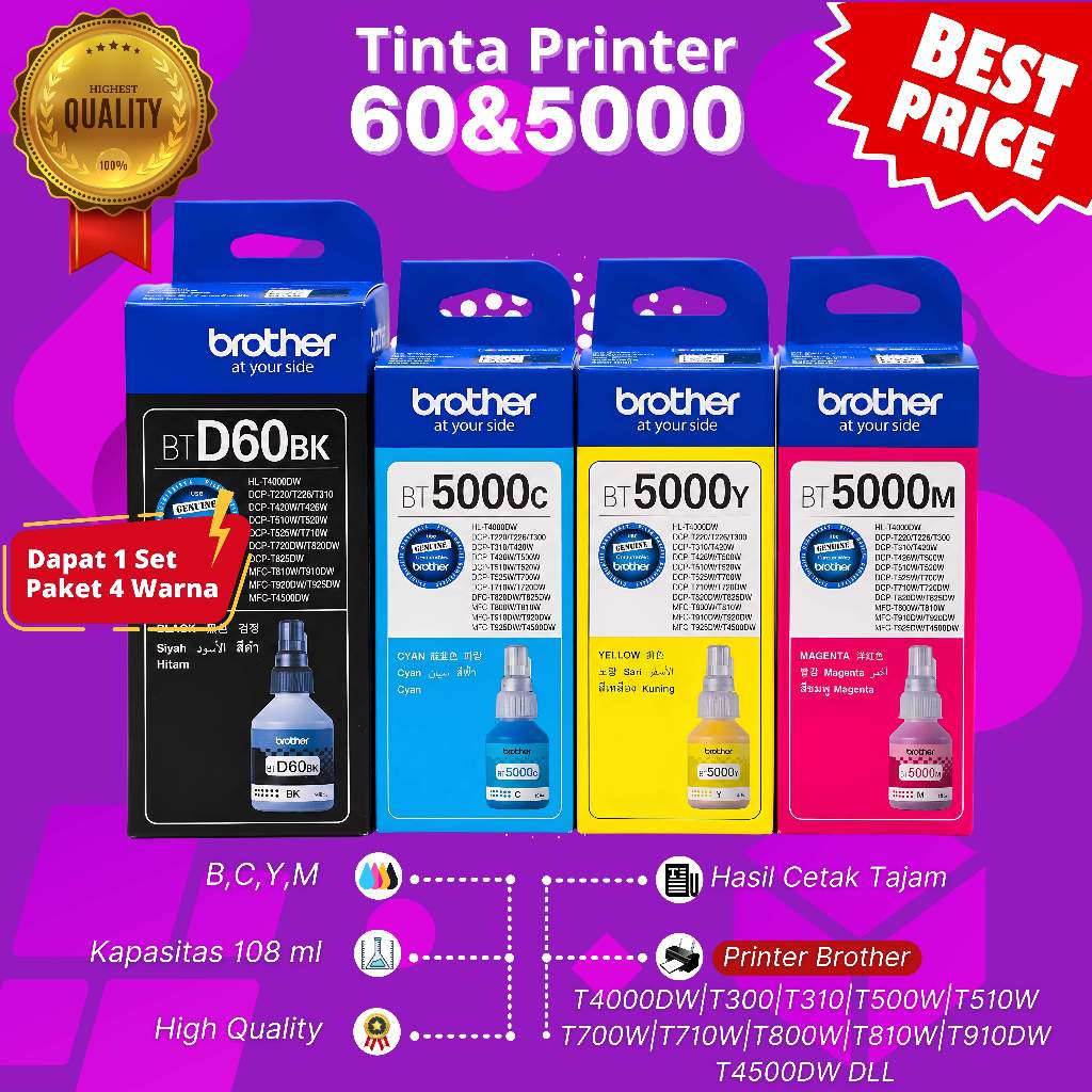 TINTA BROTHER BTD60BK & BT5000 1 SET DCP-T300, DCP-T500W, DCP-T700W, MFC-T800W, DCP-T310, DCP-T510W,