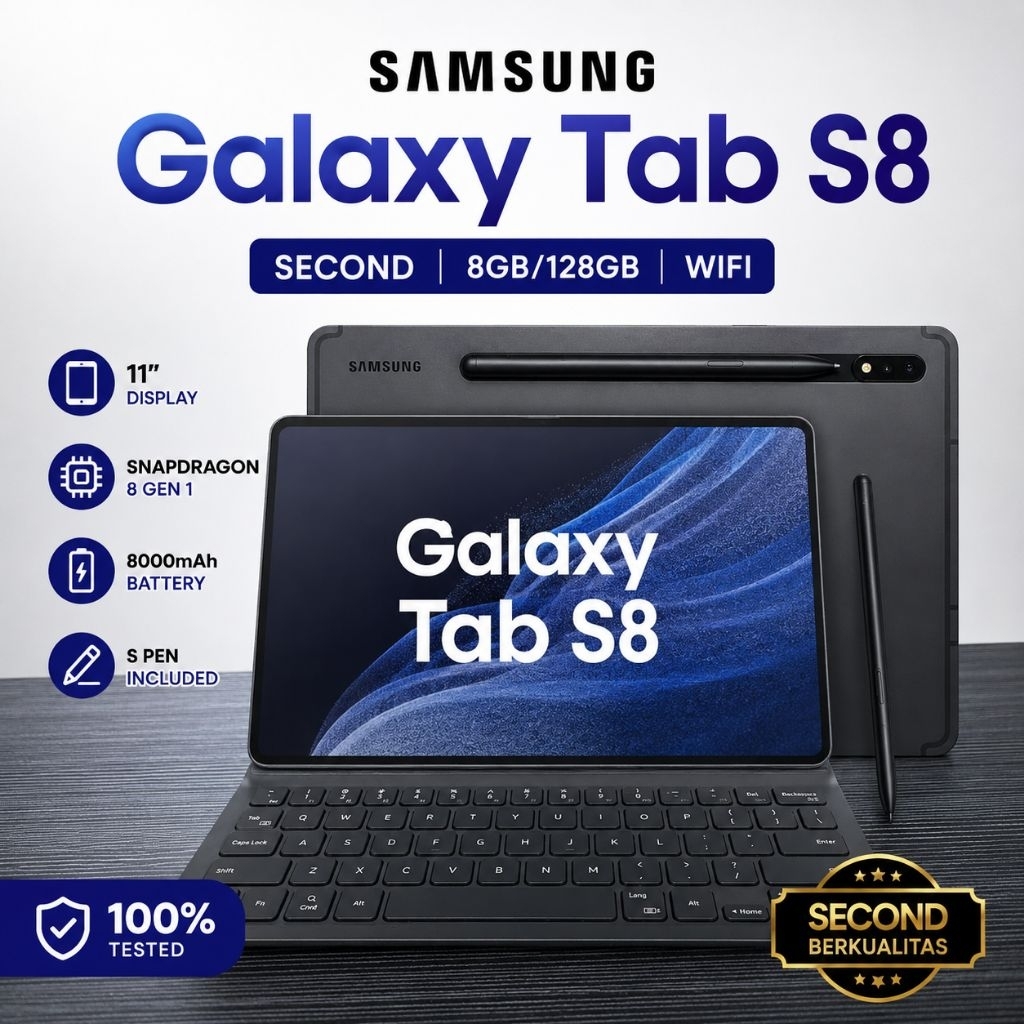 Samsung Galaxy Tab S8 8/128GB Wifi Only Bekas Mulus Fullset Keyboard Case S-Pen