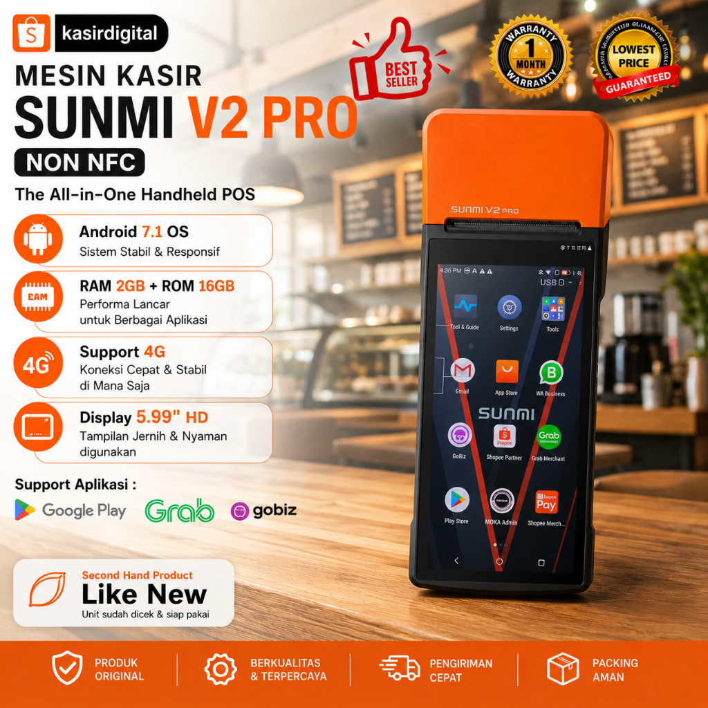 Mesin Kasir Android Portable SUNMI V2 PRO RAM 2+16 GB Non NFC Second Bergaransi Support Playstore