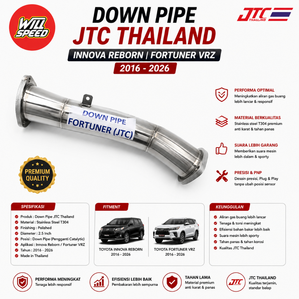 DOWNPIPE JTC, FRONTPIPE JTC, MUFFLER JTC, TAIL PIPE TITANIUM JTC FORTUNER