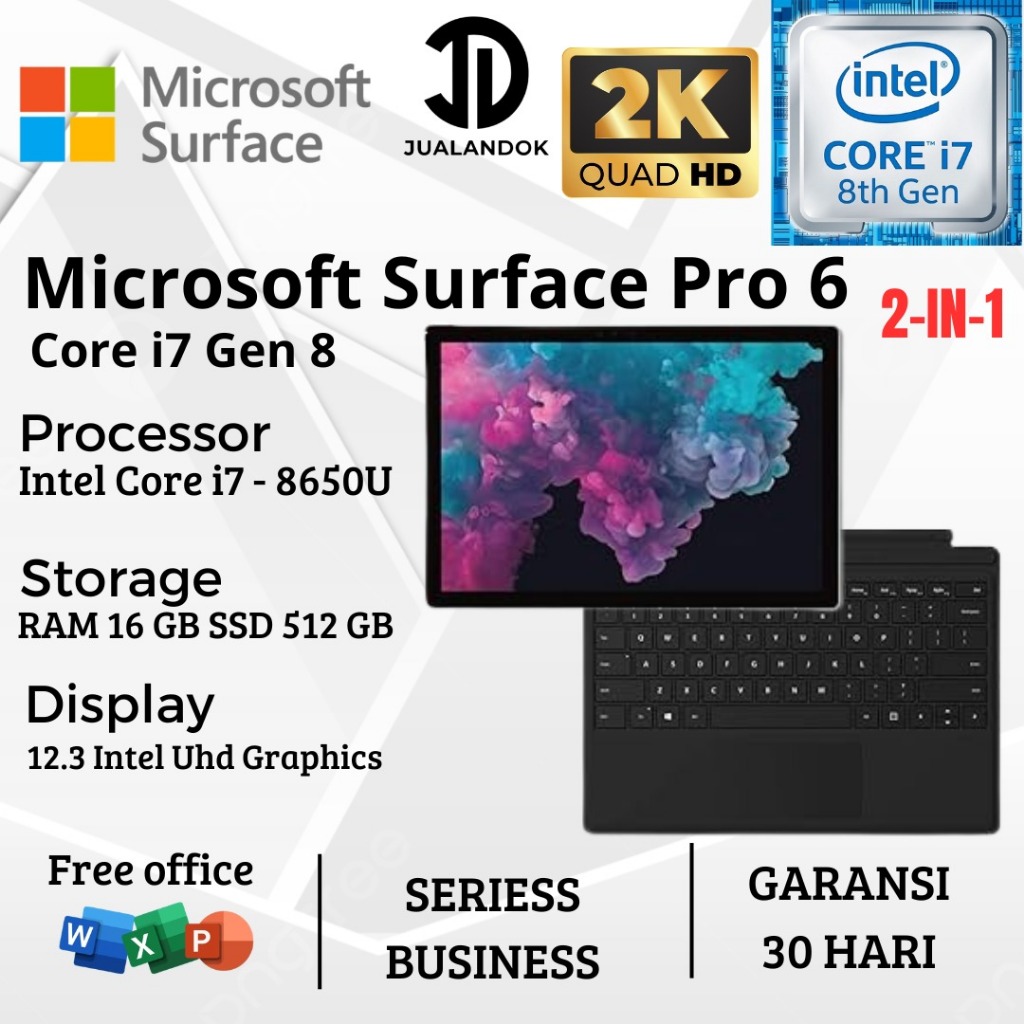 Laptop 2in1 Microsoft Surface Pro 6 Core i7 Gen 8 - RAM 16GB - SSD 512GB - 12.3 inch - Windows 11 PR