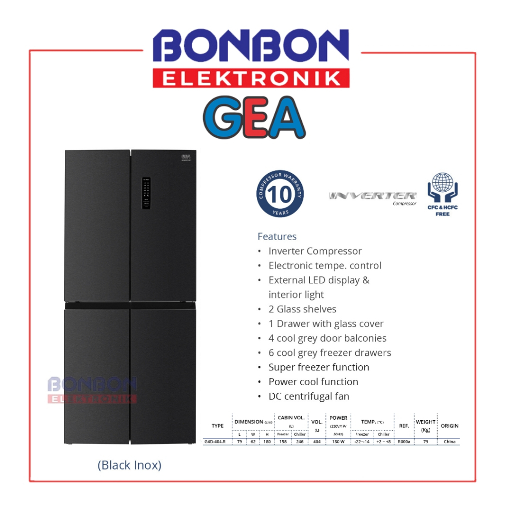 GEA Kulkas Side By Side Inverter 4 Pintu 404L G4D-404 BLACKINOX / G4D404 / G4D 404 BLACKINOX - LED D