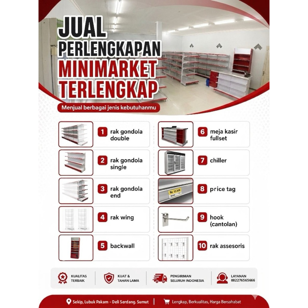 perlengkapan rak minimarket, rak gondola, rak wing, rak end bekas