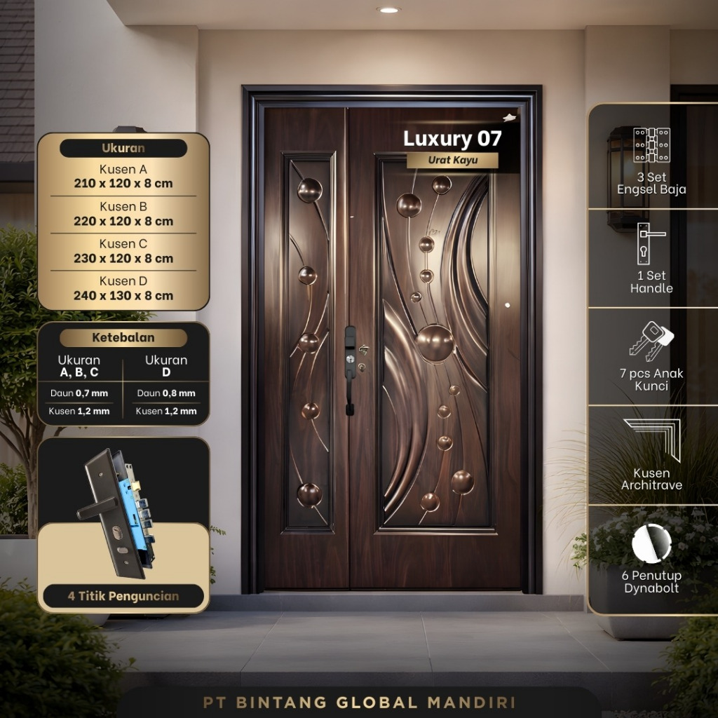 TB KONTRAKTOR MUDA - (LUXURY MS 240 130x240cm) Pintu Utama Plat Baja (MOTHER & SON) BAJA Ukuran 130 
