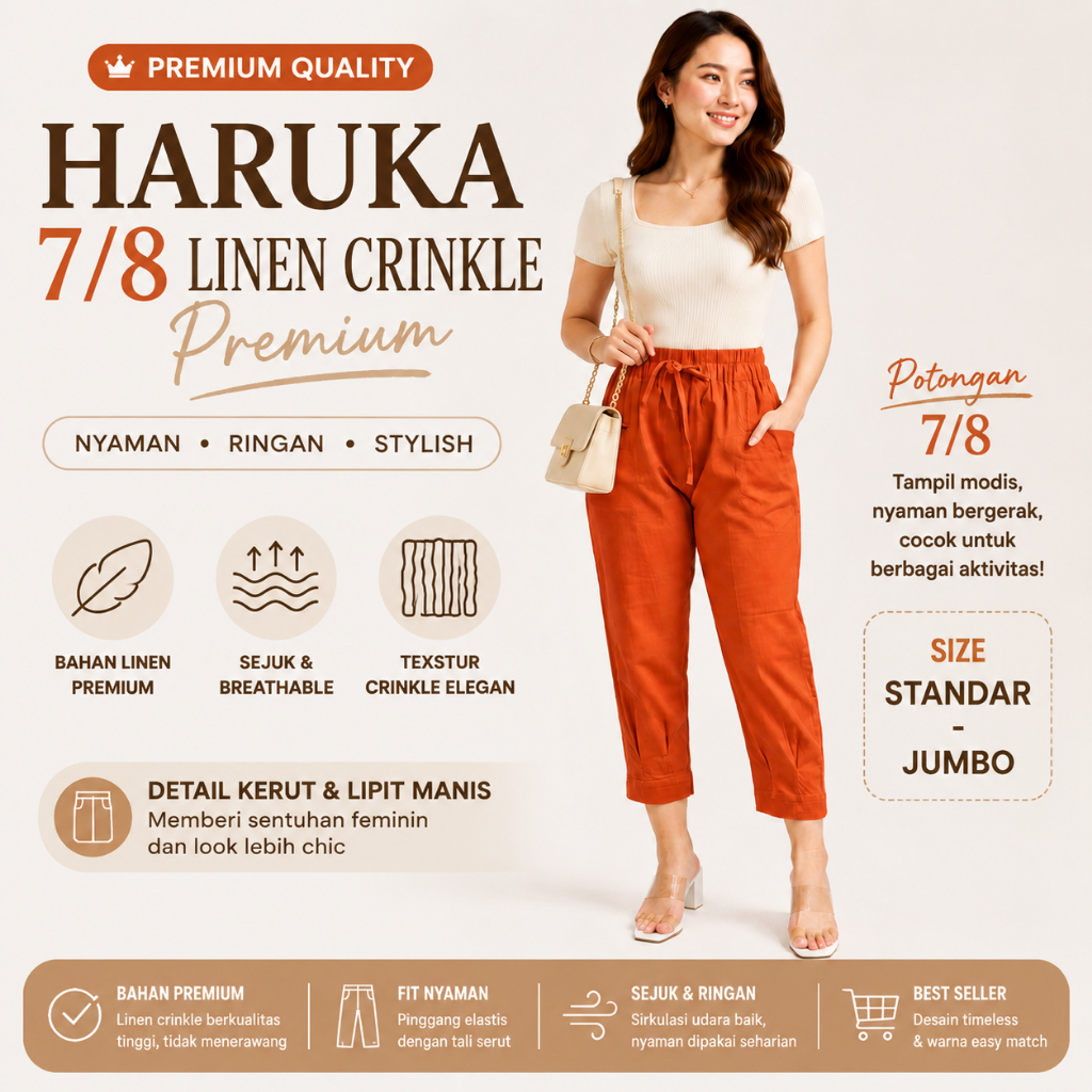 Celana 7/8 Wanita Haruka Linen Crinkle Premium Standar & Jumbo Ankle Pants Highwaist Loose Kulot Iro
