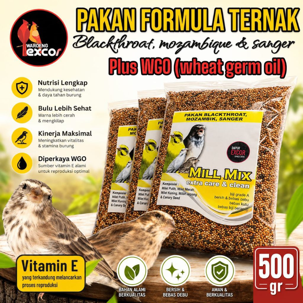 pakan burung blackthrut, sanger, mozambix formula pakan ternak mill mix blackthroat excor 500gr