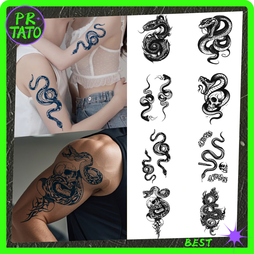 Tato Tempel Ular Sementara Pria Wanita Motif Tengkorak Lengan Tangan Waterproof Tato Stiker Keren Re