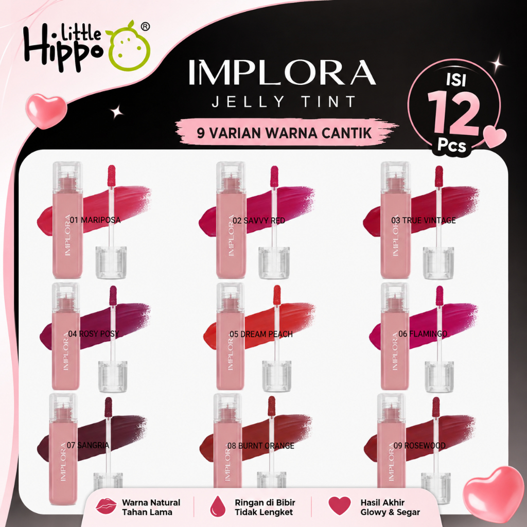 [1 Box] Implora Jelly Tint with Omega & Vit E Liptint Gloss 1 Box Isi 12 Pcs Implora Lip Tint Stain 