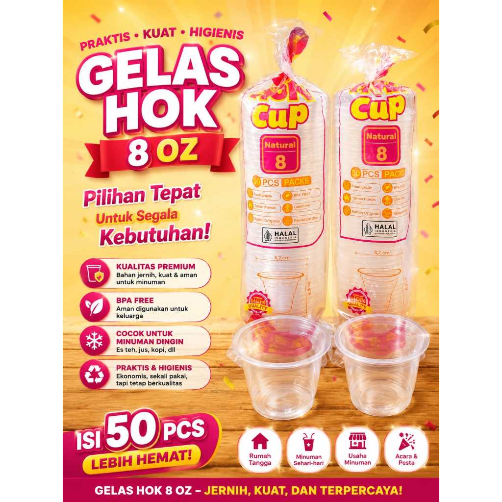 Gelas Cup Plastik Datar Hok 8oz | 8 oz isi 50pcs | Gelas Aqua Kecil Bening