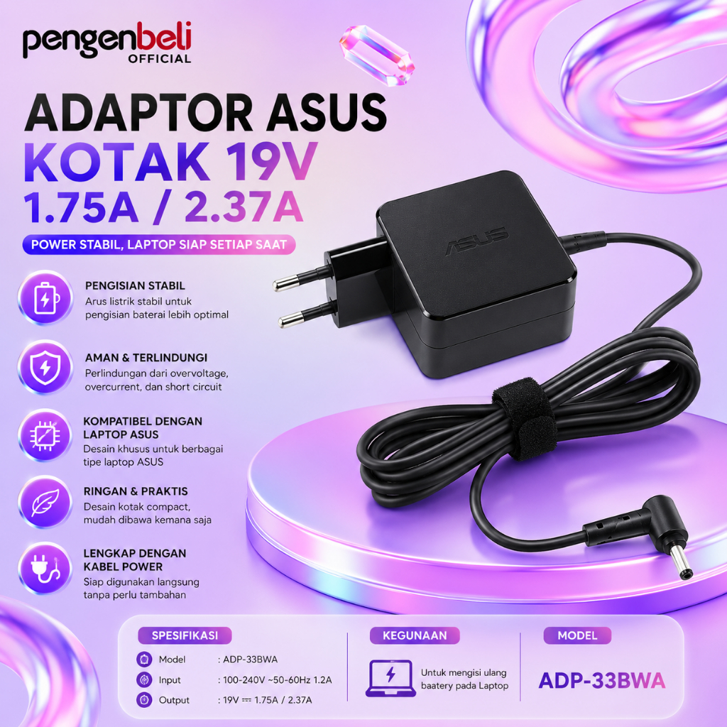 CHARGER LAPTOP ASUS MODEL KOTAK BLACK CAS / ADAPTOR NOTEBOOK ASUS JARUM 19V 1.75A / 2.37A BLACK