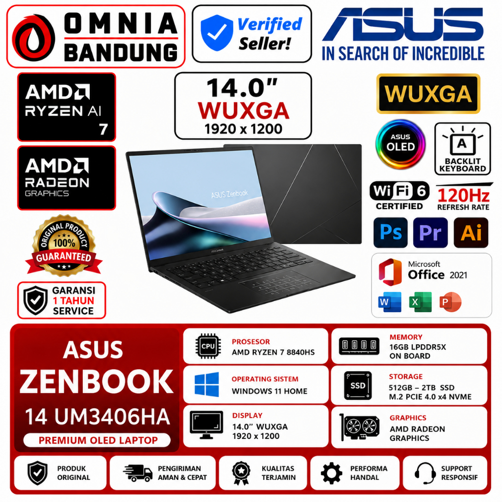 Laptop Asus Zenbook 14 OLED UM3406HA AMD Ryzen 7 8840HS 16GB DDR5 2TB SSD 14" 3K OLED Win11home