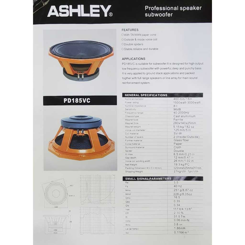 Speaker Subwofer Ashley 18 Inch PD185 VC / PD185VC / PD 185 VC / PD185 VC – Original