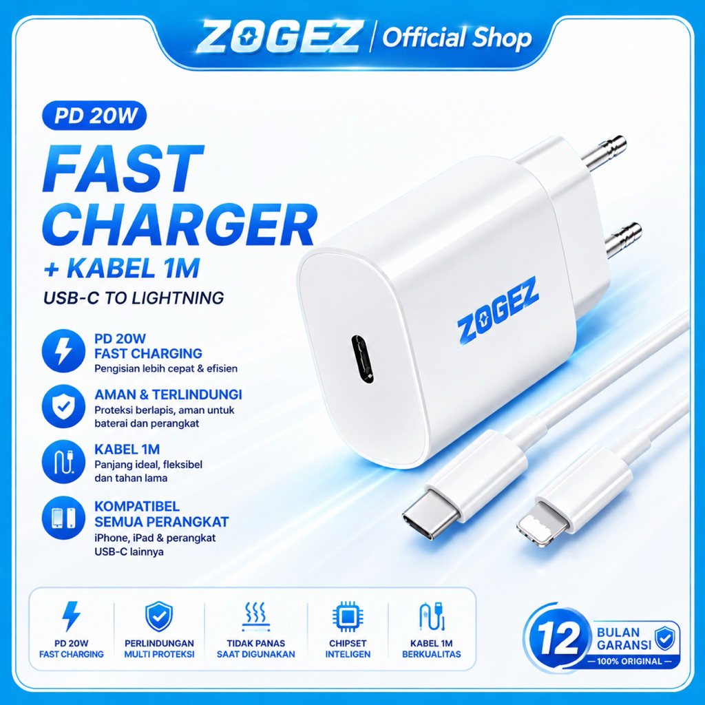 ZOGEZ Charger iPhone PD 20W Fast Charging USB C to Lightning Kabel 1M Adapter Cas Casan Cepat Origin