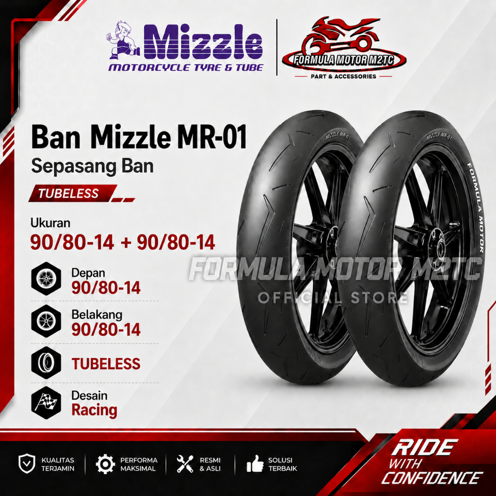 Paket Ban 90/80-14 + 90/80-14 MIZZLE MR01 MR-01 Tubeless Ring 14 Soft Compound Racing Balap Profil D
