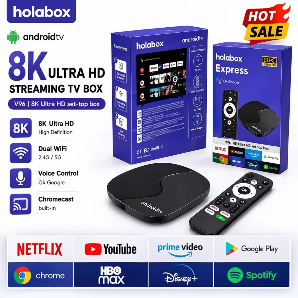 Android TV Box 8K Ultra HD Holabox V96 Smart TV Box Dual WiFi Netflix YouTube Chromecast Voice Contr