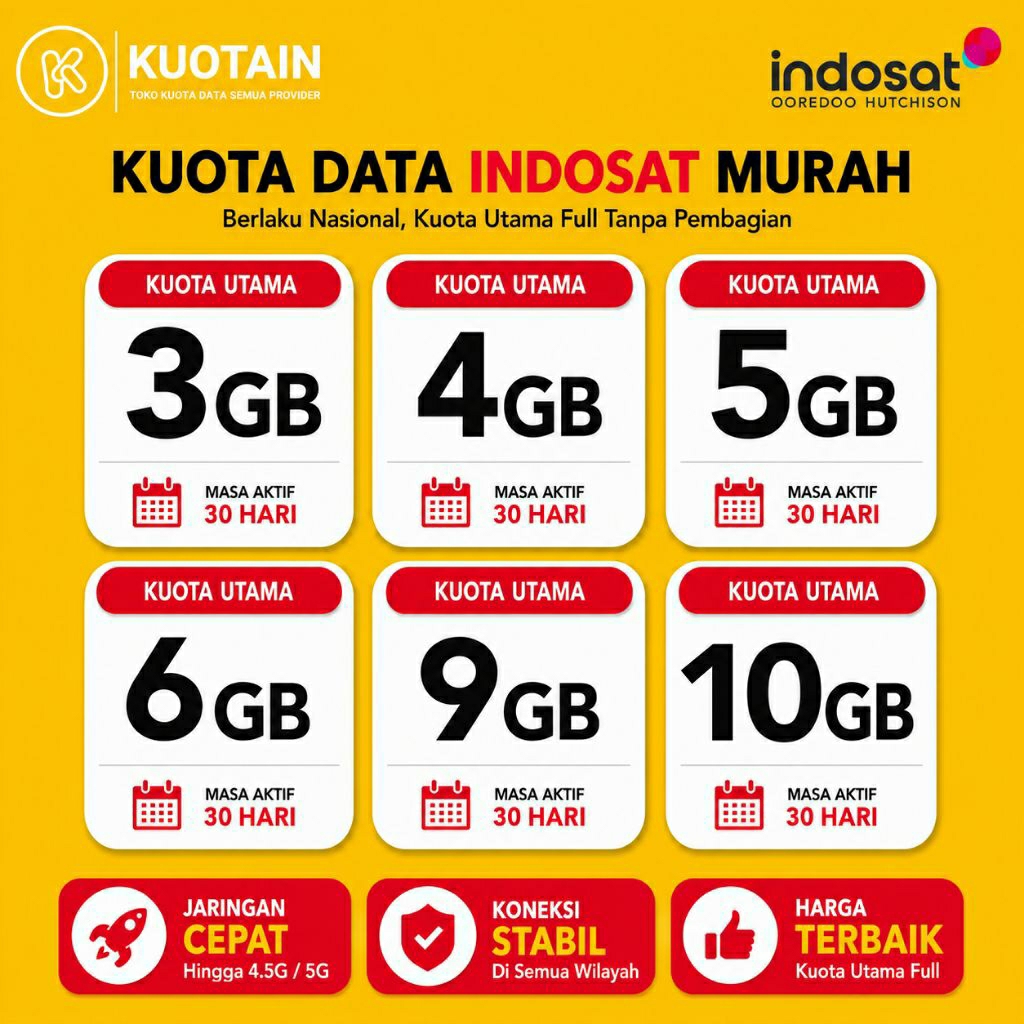 Kuota Data Indosat Murah 3GB 4GB 5GB 6GB 9GB 10GB 30 Hari - Paket Internet IM3 Full Kuota Utama Nasi