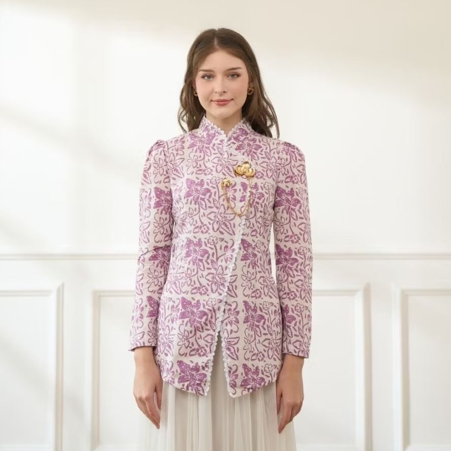 Kebaya Janggan Wanita Lilac / Blouse Batik Cap Kantor Janggan Ungu / Blouse Janggan Batik