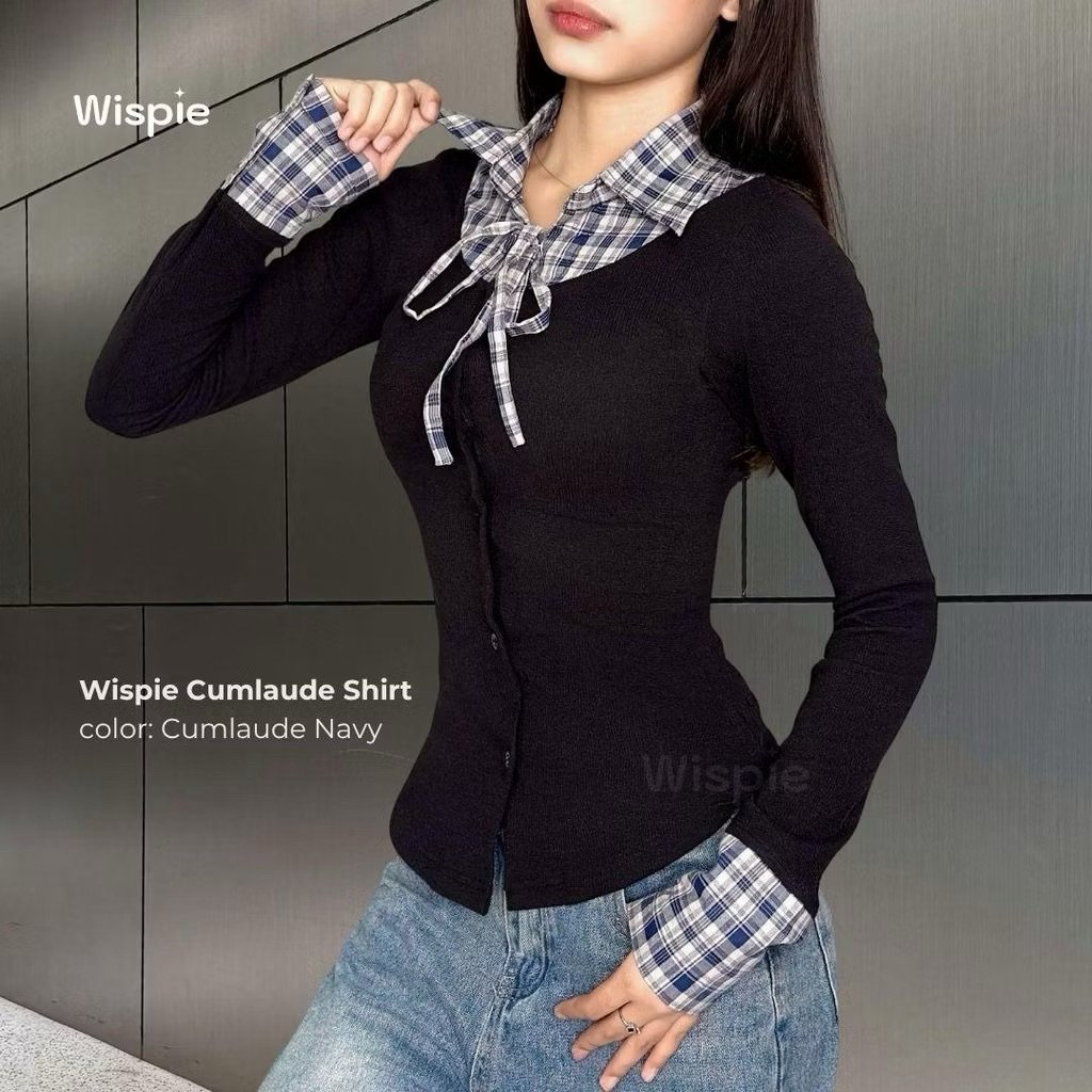 Wispie Cumlaude Top | Atasan Kemeja Kaos Wanita Kotak Gingham Rib Hitam