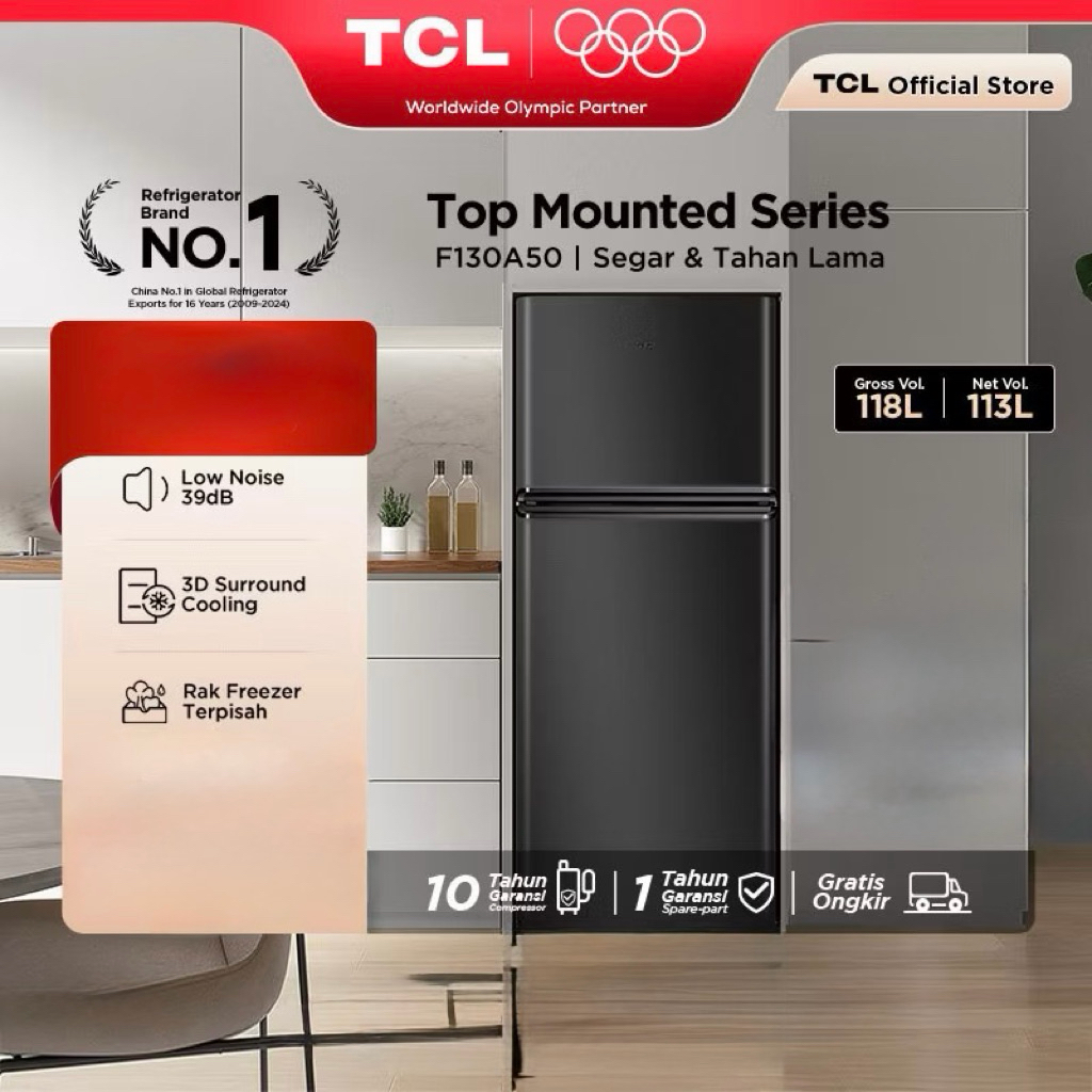 TCL Kulkas 2 Pintu (F130-A50) - Kapasitas 118L - Rak Freezer Terpisah - 3D Surround Cooling - Adjust