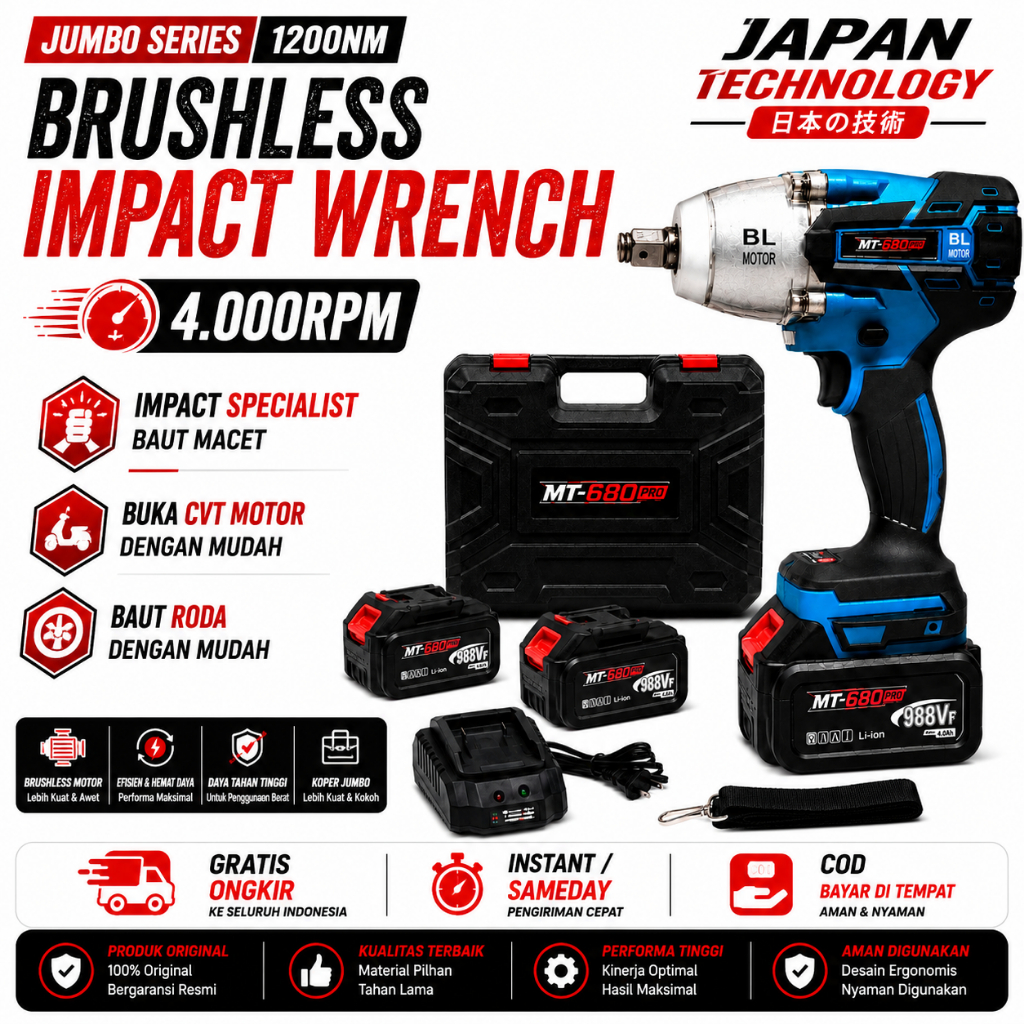 IMPACT BENGKEL MOTOR | Brushless Impact Wrench JUMBO 1200NM TORSI BESAR | Brushless Impact Wrench 68
