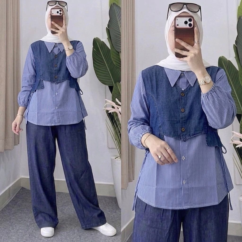 Oneset jeans wash inner outer menyatu ll set kemaja jeans wanita