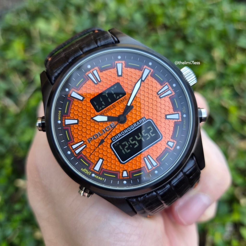 Jam tangan Police timepieces world time quartz chronograph orange dial ref 11180J