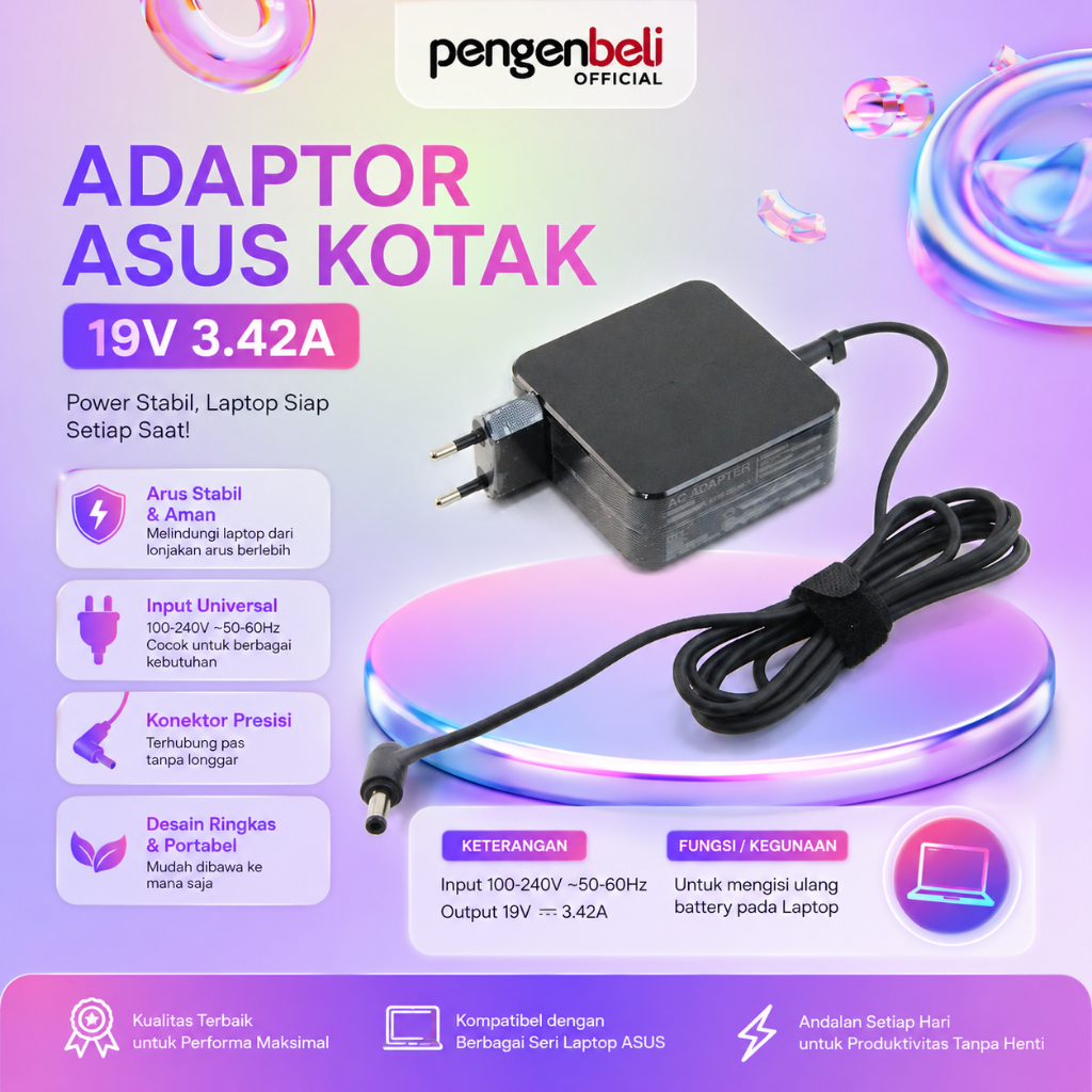 ADAPTOR ASUS 3.42A - CHARGER LAPTOP ASUS KOTAK 19V 3.42 AMPERE - CAS ASUS UNTUK NOTEBOOK & LAPTOP